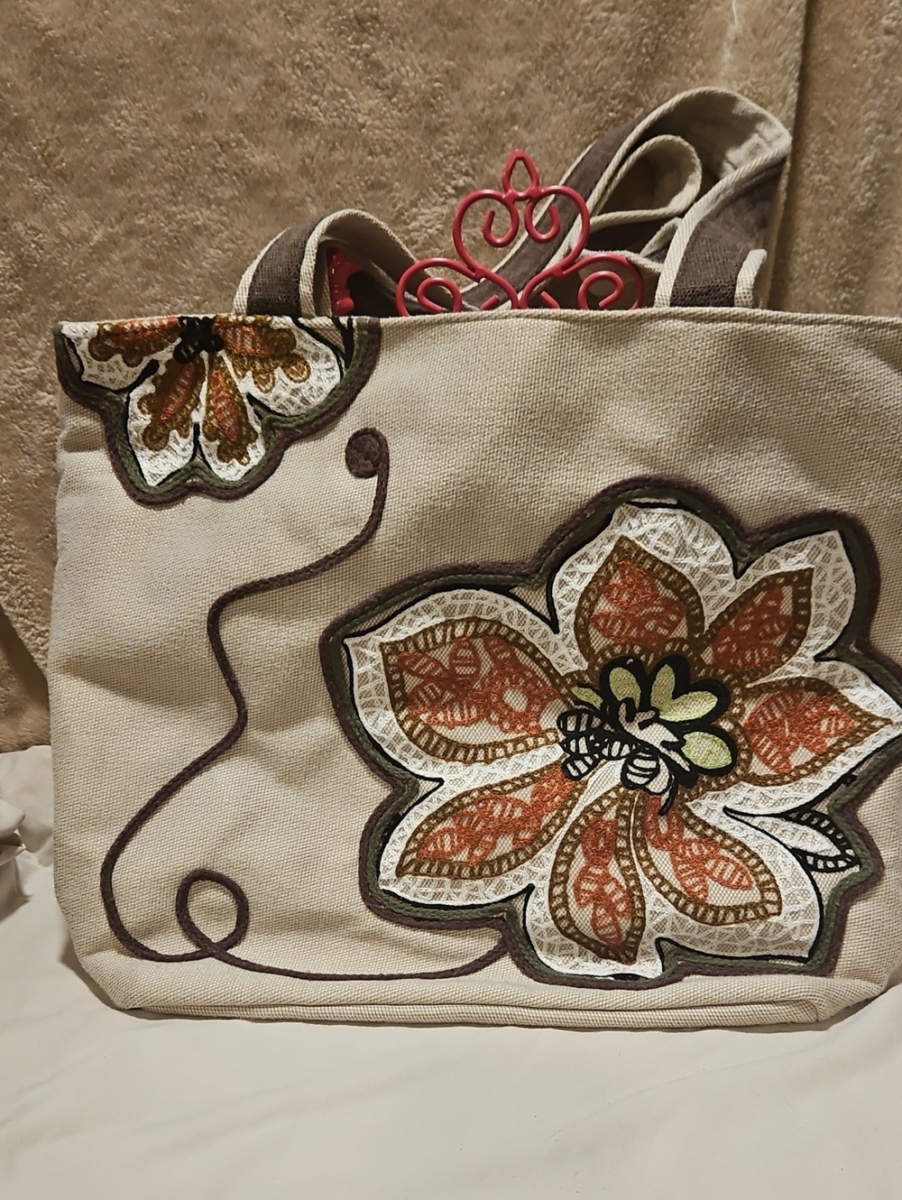 Source Unknown Beige Canvas Tote with Orange and Green Floral Applique